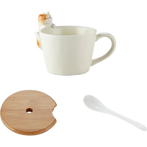 Gobelet en céramique pour chat de 350 ml avec couvercle en bambou et cuillère (1/5)