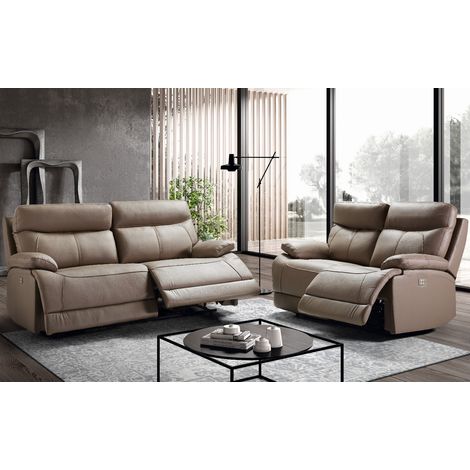 Les Tendances – Canapé relax électrique 3 places – 2 places fixe en cuir beige – Mécanisme 4 moteurs – Dimensions L 194 x H 99 x P 97 cm