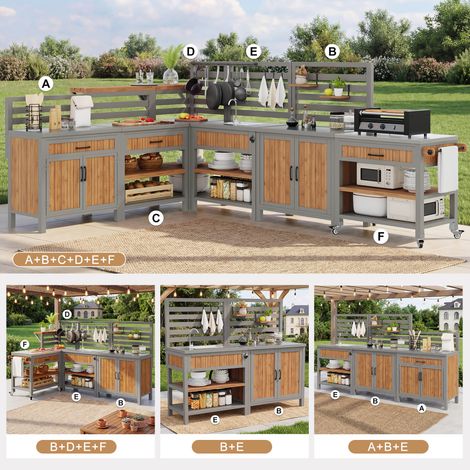 Table d'appoint barbecue, meuble extérieur mobile, plan de travail inoxydable, résistant aux intempéries, buffet de jardin avec évier, robinet et décapsuleur intégré (1/5)
