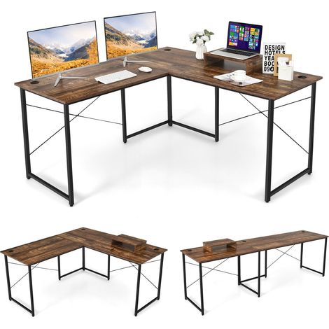 L-Shaped Corner Computer Desk Reversible Study Writing Desk w/ Monitor Stand (1/5)