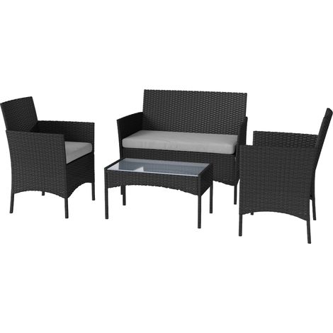 4-sitziges Gartenmöbelset aus grauem Kunstharzgeflecht mit Sofas, Couchtisch aus gehärtetem Glas und Kissen