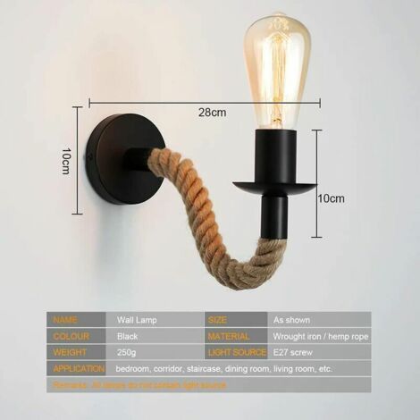 FOREHILL 2er-Set Retro-Wandleuchten, Wandleuchten aus Hanfseil, Retro-E27-Wandleuchten für den Innenbereich, geeignet für Flur, Loft, Schlafzimmer, Café, Bar (1/4)