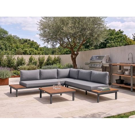 Sofá de jardín exterior moderno 5 plazas con mesa de centro de madera de acacia con cojines gris oscuro Fivizzano (1/5)