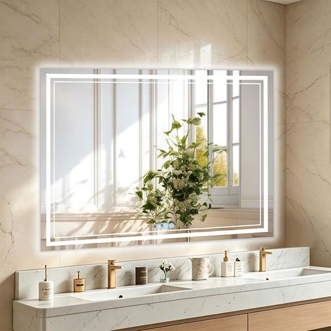 Bathroom Mirror with Lighting 120 x 70 cm, Touch Switch, Anti-Fog Function, 3 Dimmable Light Temperatures, Double Ring Light (1/5)