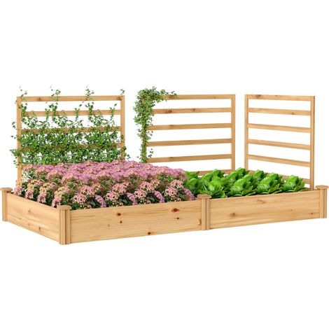 Hochbeet aus Holz mit Rankgitter, Blumenkasten mit 3 Unterteilungen und belüftetem Boden, 240 x 125 x 102 cm, Naturholz