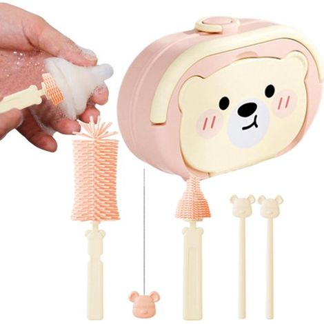 Ensemble de goupillons en silicone pour biberons - goupillon - Égouttoir à biberons - Kit de nettoyage pour biberons - Brosse de nettoyage pour biberons - Ensemble de goupillons - Kit portable rose (1/5)