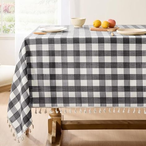 Nappe de table carrée à carreaux, nappe de table extérieure en lin de type gingham à poids important avec pompons, couvre-table à carreaux buffalo sans froissement pour manger / fête / maison - 55 x 5 (1/4)