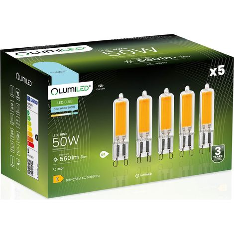 5 capsule LED G9 da 5W = 50W 560lm 6500K Luce fredda 360° FILAMENTO LUMILED