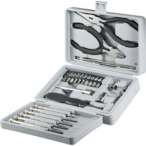 25-teiliges Universal-Feinmechaniker-Set, Zubehör-Set mit Schraubenziehern, Bithalter, Bitsatz, Zangen und Steckschlüsseln. (1/2)