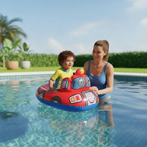 Bouée gonflable voiture pour piscine, bouée rouge à motif dessin animé avec visage souriant pour enfants, amusement estival à la plage et au lac (1/4)