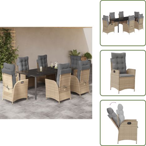The Living Store Set da Pranzo da Giardino 7 pz con Cuscini Beige in Polyrattan - Sedie da giardino reclinabili