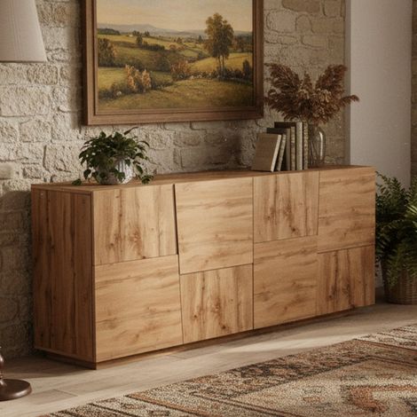 Dmora - Credenza Arda, Buffet da soggiorno, Madia da salotto moderna con 4 ante, 200x44h86 cm, Rovere (1/5)
