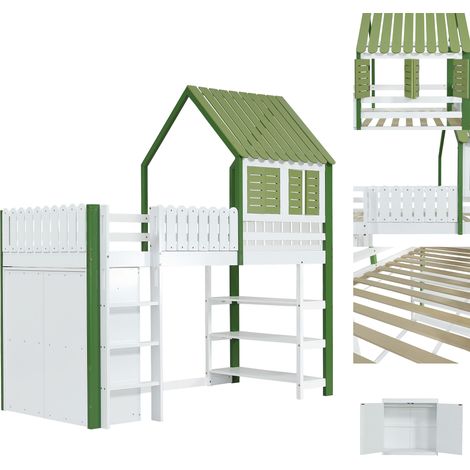 Letti a soppalco 90x200 cm con tetto e finestre, letti singoli con armadio e ripiano a 3 ripiani, pino+MDF+compensato, bianco e verde (1/5)