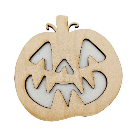 Sottobicchiere in legno di compensato con zucca di Halloween incisa, 9,5x9 cm.