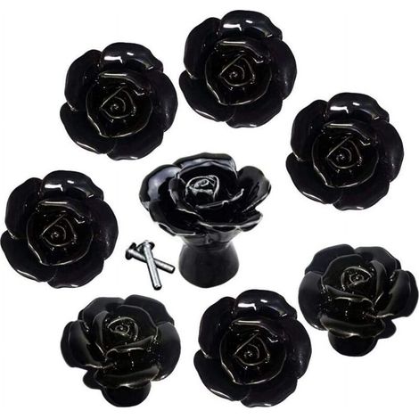 Poignées de porte, poignées de meuble, boutons de meuble en céramique noire avec rosace (1/5)
