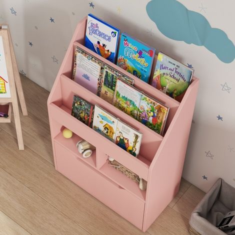 Bibliothèque enfant avec tiroir, 3 étagères et 2 compartiments, rose 60 x 29,9 x 90 cm DESVIAE (1/5)