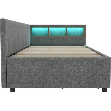 Cama de día 90 x 200 cm de lino gris con cajones, USB y Type C, somier de láminas (1/5)