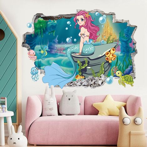 2 pièces papier peint mural princesse sirène cartoon pour chambre enfant, déco créative océan, autocollant adhésif monde marin (1/5)