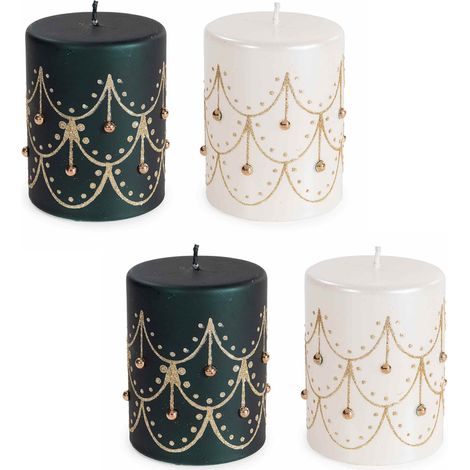 Candele natalizie eleganti bianche e nere con decorazioni dorate e brillantini (1/4)