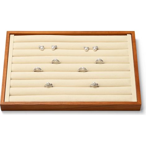 plateau à bijoux en bois massif 35 x 24 cm 8 fentes pour bagues et boucles d'oreilles beige ou gris (1/5)