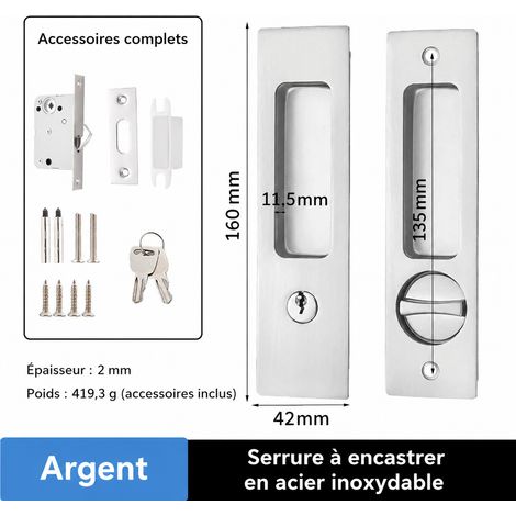 Serrure carrée argent brossé pour porte coulissante avec poignée et clé argent réf 0238 1 × 2 × 3 cm 430 g – Livraison gratuite