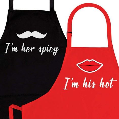 Lot de 2 Tabliers, réglables, tissu durable, impression humoristique, cuisine, barbecue, cadeau couple (1/5)