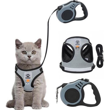 Harnais Chat Laisse pour Petit Chien Harnais Chaton Collier Réglable Gilet Respirant Réfléchissant Harnet pour Lapin, Chat Européen, Attache Dessus avec Laisse (Gris, S) (1/5)