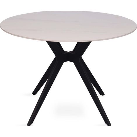 Runder Esstisch ARVENA – 110 cm – Sintersteinplatte – Farbe Weiß – Elegantes Metall-Design