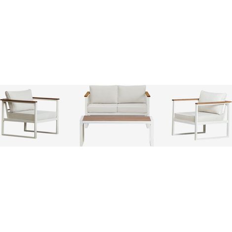 Set da giardino con divano a 2 posti, 2 poltrone e tavolino in alluminio e legno di acacia Lipov. SKLUM
