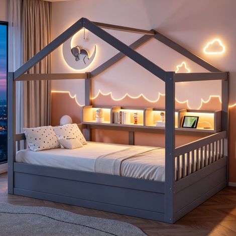 Lit cabane 140x200 cm avec toit, rangement hydraulique, LED et prises USB, lit enfant en bois avec garde-corps, étagères intégrées - Gris (1/5)