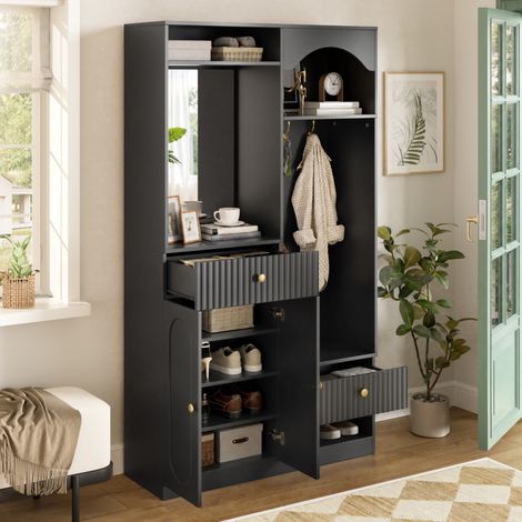 Meuble d'entrée avec miroir, banc, LED réglable, MDF noir 100 x 35 x 180 cm HAVRYA (1/5)