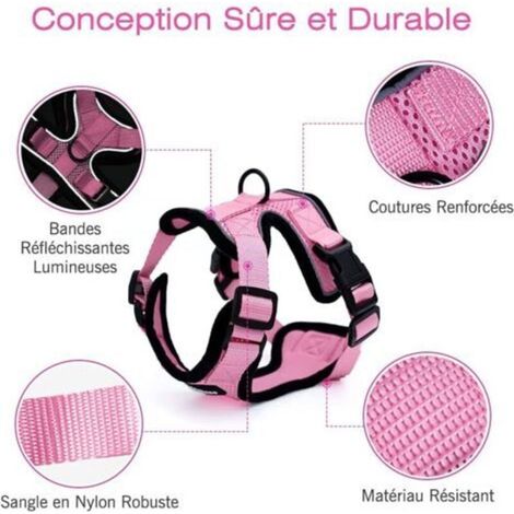 Harnais pour chat et petit chien XS – Réglable rose – Bandes réfléchissantes pour visibilité nocturne – Attache supérieure avec laisse