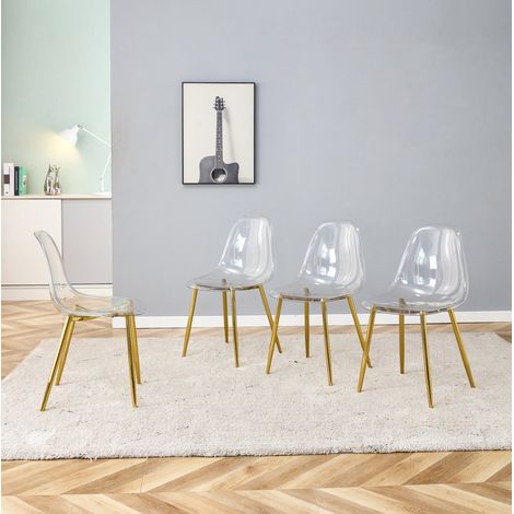 Esszimmerstuhl aus transparentem Kunststoff mit goldfarbenen Metallbeinen, 4er-Set, stabil und rutschfest,44×45.7×83cm (1/5)