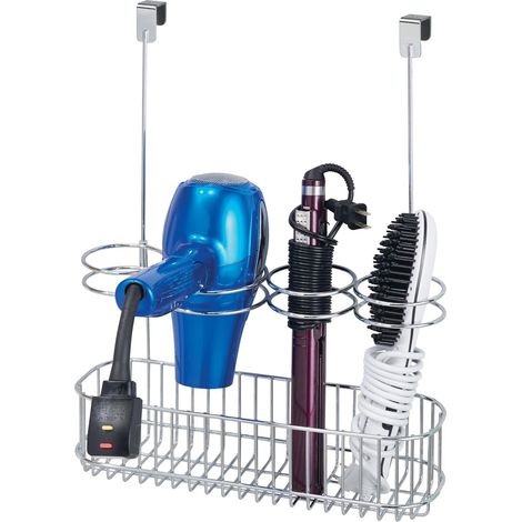 Porte-sèche-cheveux sans perçage - Grande étagère de porte pour sèche-cheveux - Organiseur de salle de bain pour fer à friser, fer à lisser et sèche-cheveux - Argenté (1/5)