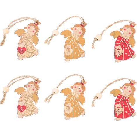 Lot de 6 pendentifs en bois en forme de poupées anges à suspendre au sapin de Noël-16X4.2X0.1CM