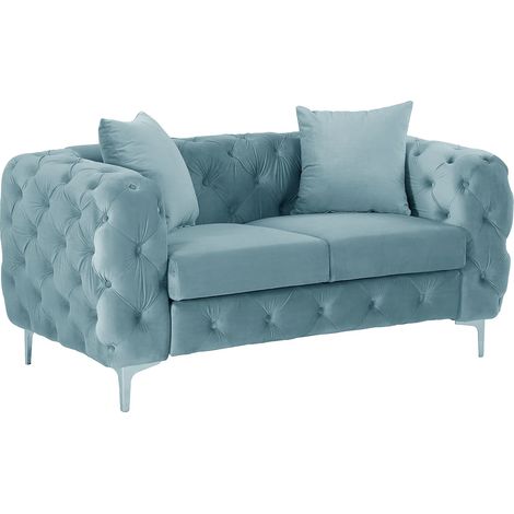 Canapé 2 places chesterfield en velours bleu pastel EDWINA (1/5)