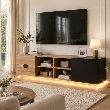 Fernsehschrank in Holz-Schwarz-Kptrast – Mit Schublade, offenem Fach und geschlossenem Schrank. Stufenablagen für einfachen Zugriff. Perfekt für Wohnzimmer und Unterhaltungsbereich. (1/5)