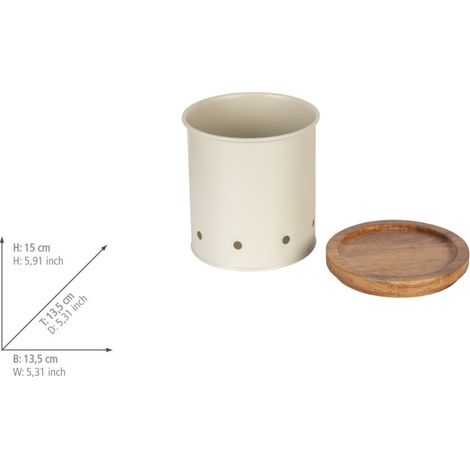 Boîte WENKO Aria 1,6 L beige métal 2 pièces 13,5 cm boîte de conservation alimentaire boîte hermétique rangement cuisine boîte à oignons et à ail avec couvercle en bois naturel décoratif