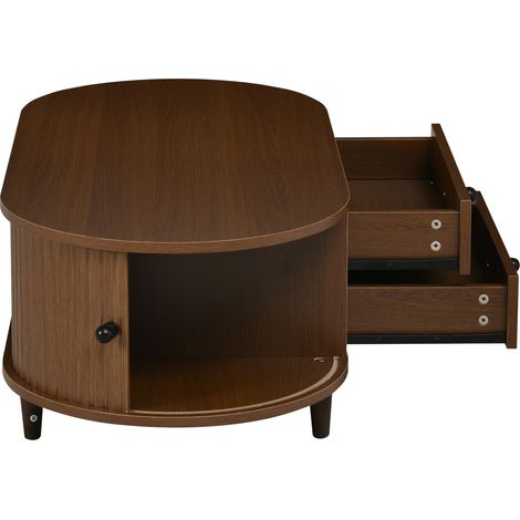 Table basse ronde en MDF avec portes coulissantes et 2 tiroirs, pieds en bois massif, couleur noyer, 100×50×36 cm (1/5)