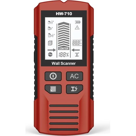 Wandscanner 5-in-1, verbesserter Chip – Wanddetektor erkennt Holz/Metall/Wechselstromkabel/Rohre, Kabelfinder, LCD-Display und Audioalarm für Kanten-/Mittelgenauigkeit, Red Inferno (ohne 9-V-Batterien
