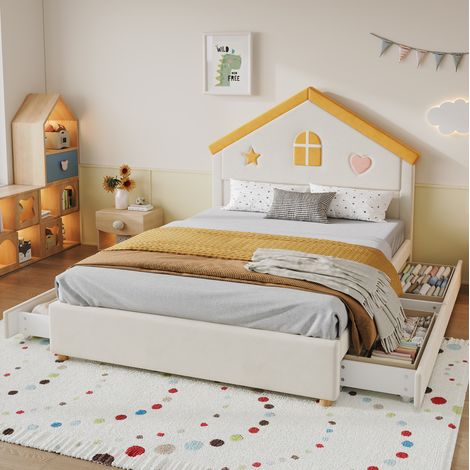 Lit enfant 140x200 cm avec tête de lit en forme de maison, 4 tiroirs de rangement, cadre rembourré en velours beige, pour chambre d’enfant ou d’adolescent – CHICFURN (1/5)