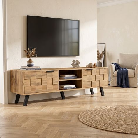 Meuble TV 160,5x35,5x45 cm avec 2 Portes et 2 Compartiments Ouverts en Panneau de Particules Style Moderne Couleur Bois (1/5)