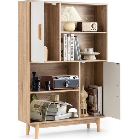 Goplus – Bibliothèque meuble de rangement 4 niveaux – 4 étagères ouvertes – 2 cabinets – Charge max 20 kg – Dimensions 80x24x119,5 cm – Style vintage (1/5)