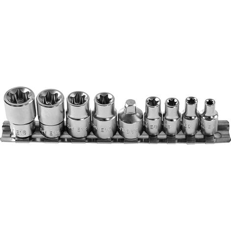 Högert Technik - Set Chiavi a Bussola, Set Bussole in Lega di Acciaio al Cromo Vanadio, 9 Chiavi a Bussola Torx, Argento, 1/2", Dimensioni E10-E24, CRV - HT1A880 (1/5)