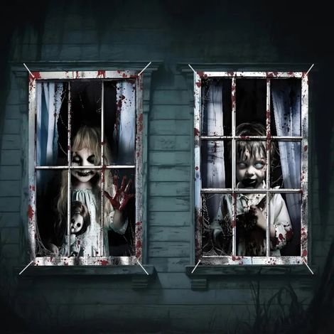 Décorations d'Halloween pour fenêtres : rideaux, guirlandes, ensemble deux pièces, fanions pour une fête d'Halloween sur le thème d'une maison hantée en extérieur - 80 x 120 cm (deux pièces) - NG-29