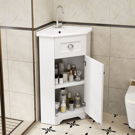 Meuble de salle de bain gain de place, modèle autoportant avec vasque simple, structure en MDF étanche, vasque en céramique, poignée en métal, surface sans laque mélaminée, meuble de rangement pour sa (1/5)