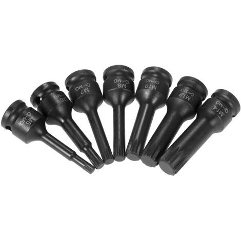 Jeu de douilles à chocs 3/8 pouces, 7 pièces, tailles métriques (5mm, 6mm, 7mm, 8mm, 10mm, 12mm, 14mm), embout cannelé triple carré XZN en acier cr-mo (1/5)