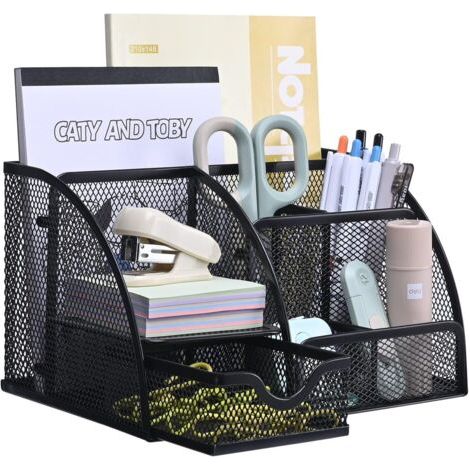 1 pcs Organisateur de bureau en maille métallique avec tiroir et porte-stylos pour stylos, notes adhésives, agrafeuses, trombones, compact et élégant pour un gain de place.