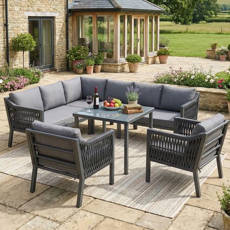 REDOM - Set da giardino 8 posti, divano angolare, 2 poltrone, tavolo con piano in vetro, acciaio e poliestere grigio (1/5)
