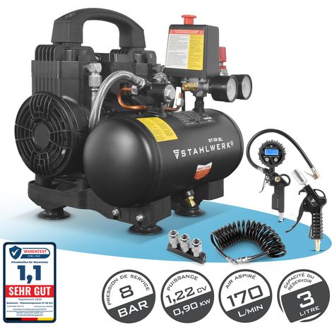 STAHLWERK Compresseur avec réservoir de 3 L (ST-38 BL) équipement complet - sans huile & silencieux, compresseur d'air comprimé 8 bar avec moteurs Brushless, 1,22 CV, 0,9 kW, 170 l/min, compresseur